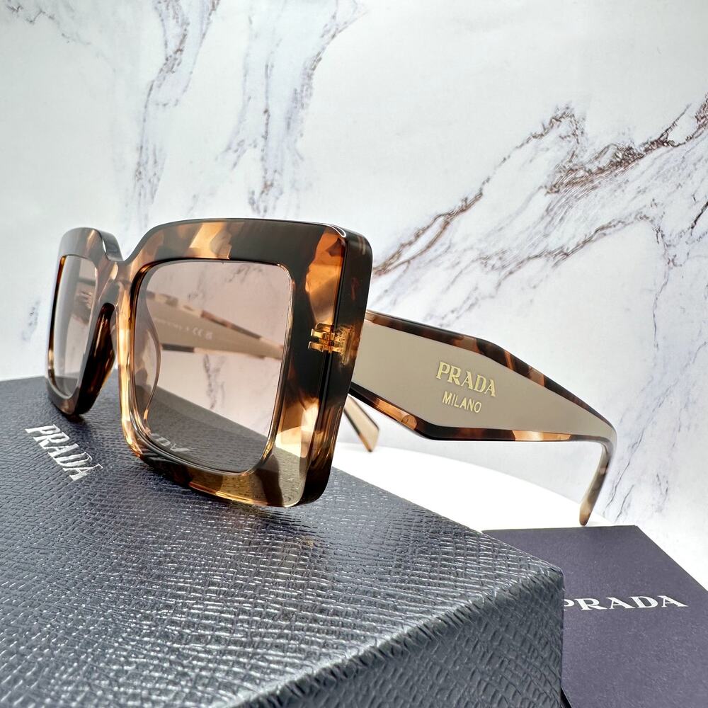 New PRADA Sunglasses Brown Beige Caramel Tortoise Gold Symbole Womens Rectangle - Picture 7 of 16